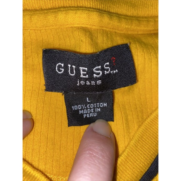 Guess Jeans Yellow V-Neck Short Sleeve Ribbed Shirt Size L - Picture 4 of 5